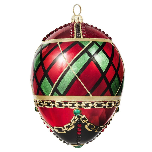 Joy to the World Glitterazzi Tartan Plaid Jeweled Egg Polish Glass Christmas Ornament Poland