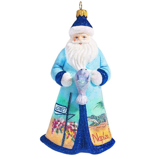 Joy to the World Glitterazzi Naples Florida Santa with Manatee Glass Christmas Ornament Santa