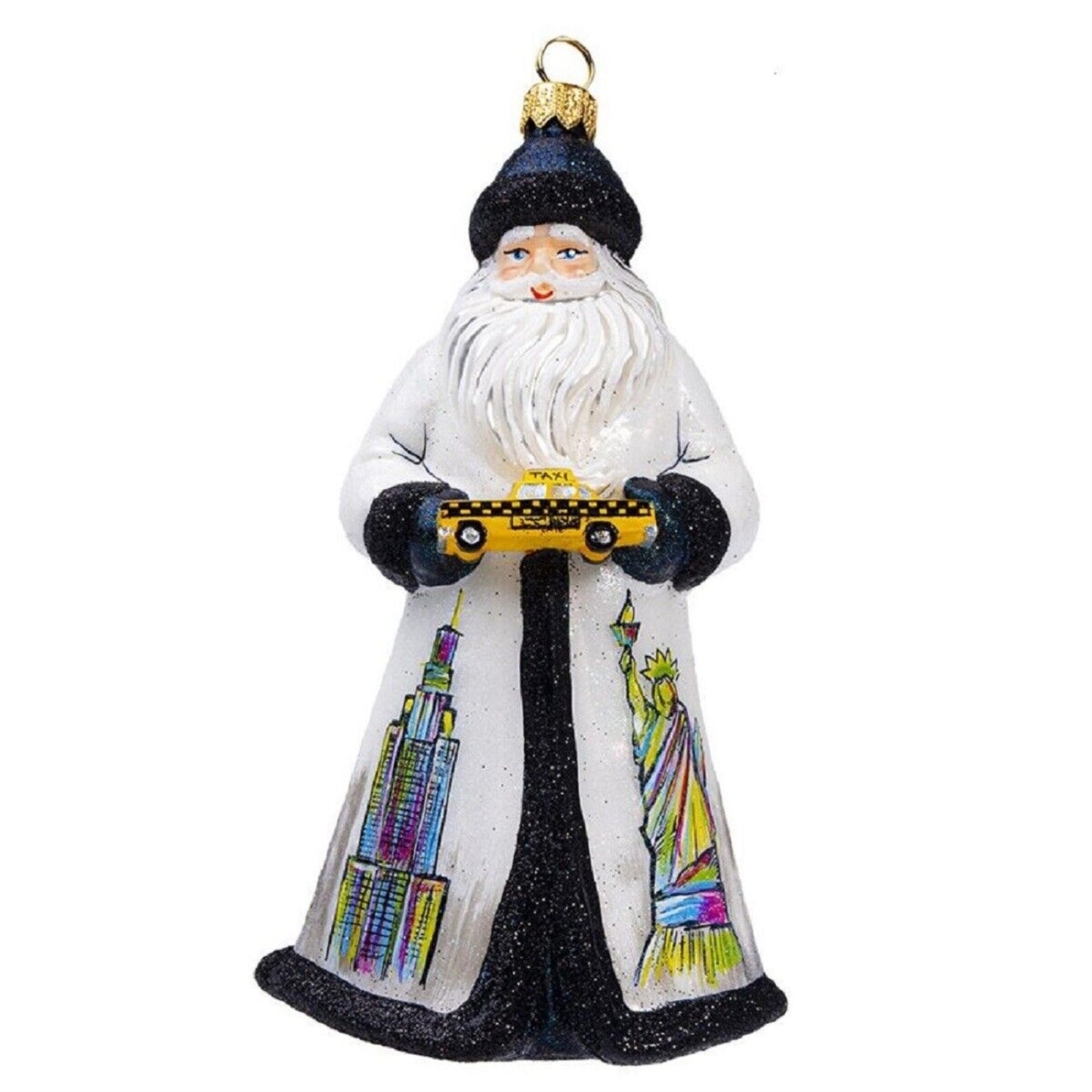 Joy to the World Glitterazzi New York Santa with Taxi Cab Polish Glass Christmas Ornament
