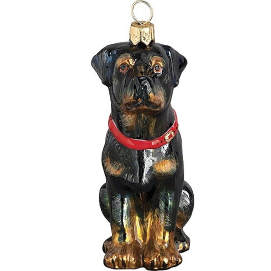 Joy to the World Rottweiler Dog Sitting Polish Blown Glass Christmas Ornament