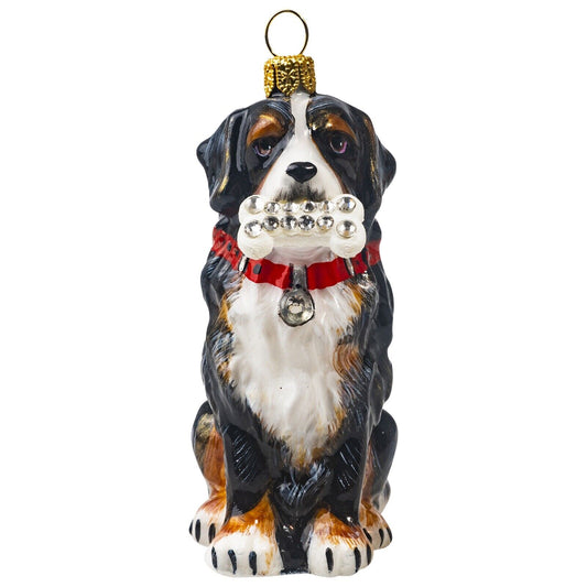 Joy to the World Bernese Mountain Dog with Crystal Dog Bone Polish Glass Christmas Ornament