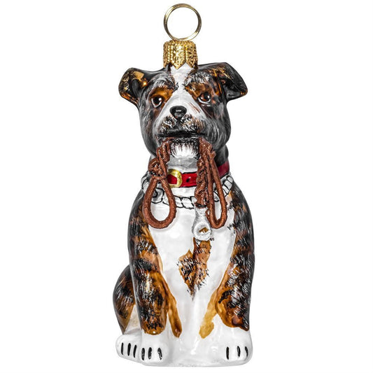 Joy to the World American Staffordshire Terrier with Leash Polish Glass Christmas Ornament