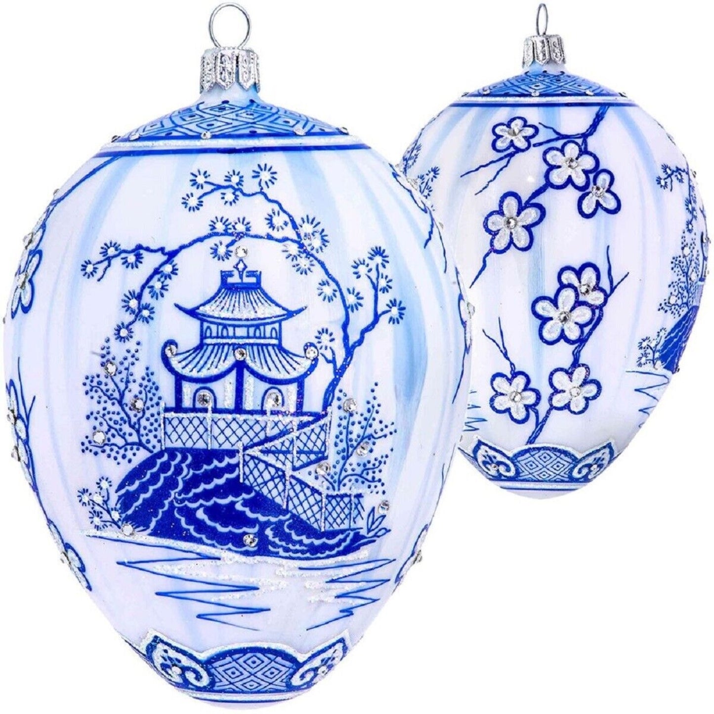 Joy to the World Glitterazzi Chinoserie White and Blue Jeweled Egg Polish Glass Ornament