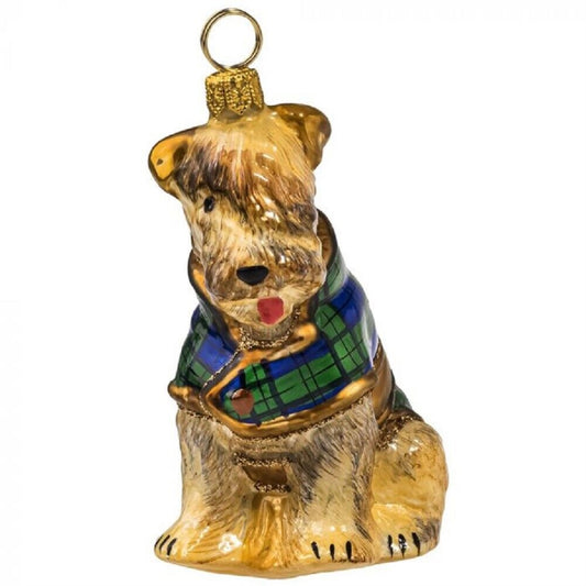 Joy to the World Soft Coated Wheaten Terrier in Blackwatch Coat Polish Glass Christmas Ornament