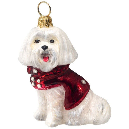 Joy to the World Maltese with Peacoat Polish Glass Dog Christmas Ornament