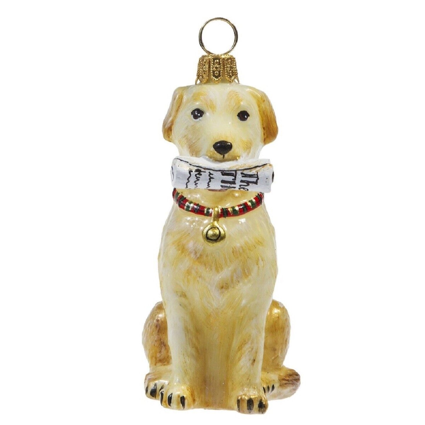 Joy to the World Yellow Labrador Retriever with Newspaper Polish Glass Christmas Ornament Lab Dog