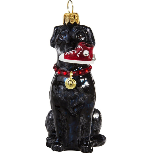 Joy to the World Black Lab with High Top Sneaker Polish Glass Christmas Tree Ornament Labrador