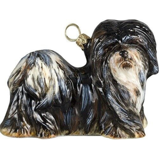 Joy to the World Black and White Lhasa Apso Dog Polish Blown Glass Christmas Ornament