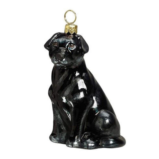 Joy to the World Sitting Black Labrador Retriever Polish Glass Christmas Ornament Decoration