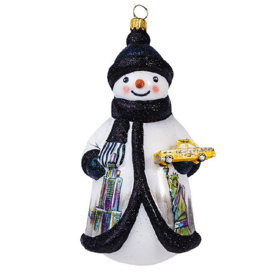 Joy to the World Glitterazzi New York Snowman with Taxi Cab Polish Glass Christmas Ornament
