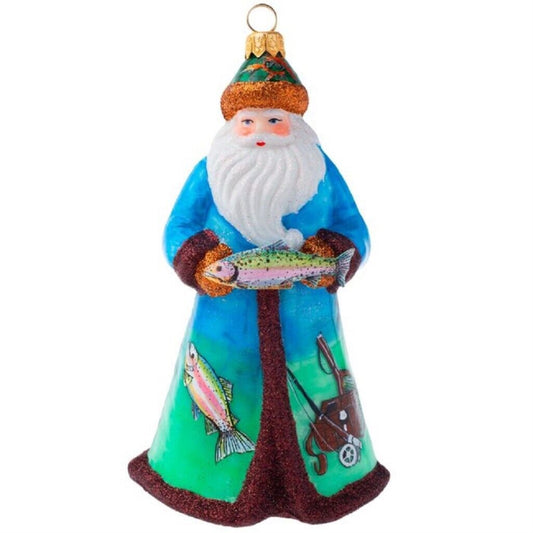 Joy To The World Glitterazzi Fly Fishing Santa Polish Glass Christmas Ornament