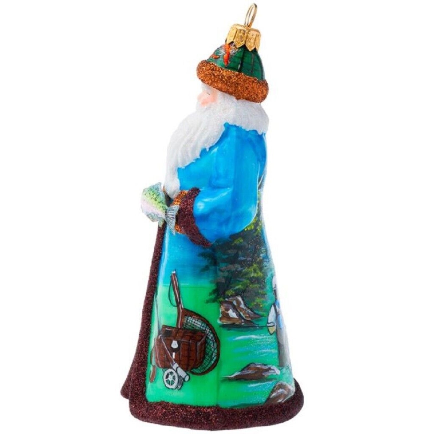 Joy To The World Glitterazzi Fly Fishing Santa Polish Glass Christmas Ornament