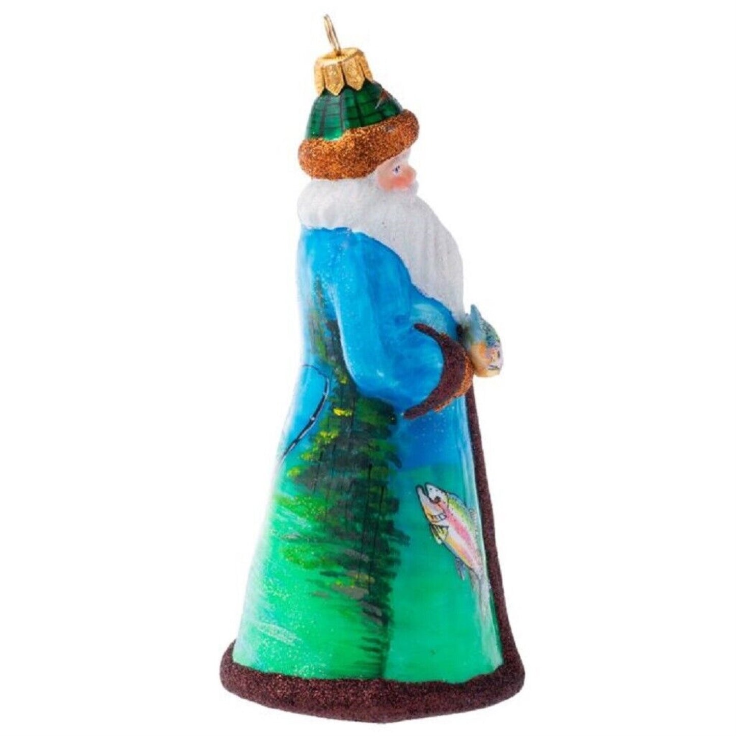 Joy To The World Glitterazzi Fly Fishing Santa Polish Glass Christmas Ornament