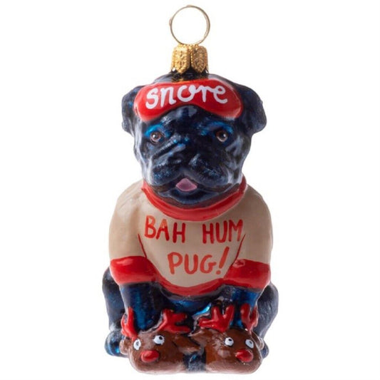 Joy To The World Bah Hum Pug Black Dog Polish Glass Christmas Tree Ornament