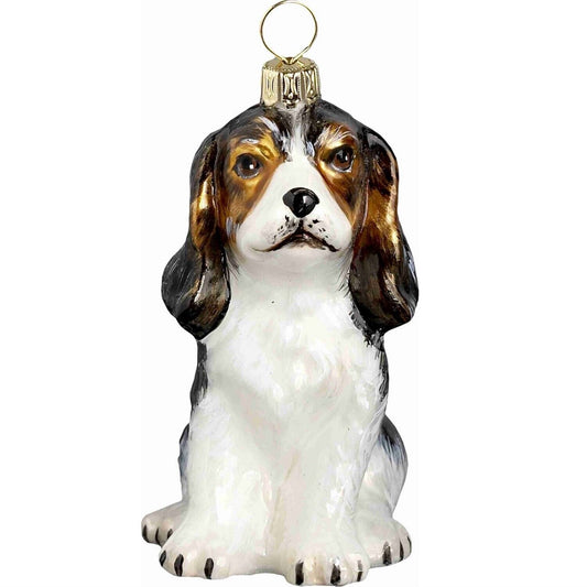 Joy to the World Tri Color Cavalier King Charles Spaniel Puppy Polish Glass Christmas Ornament