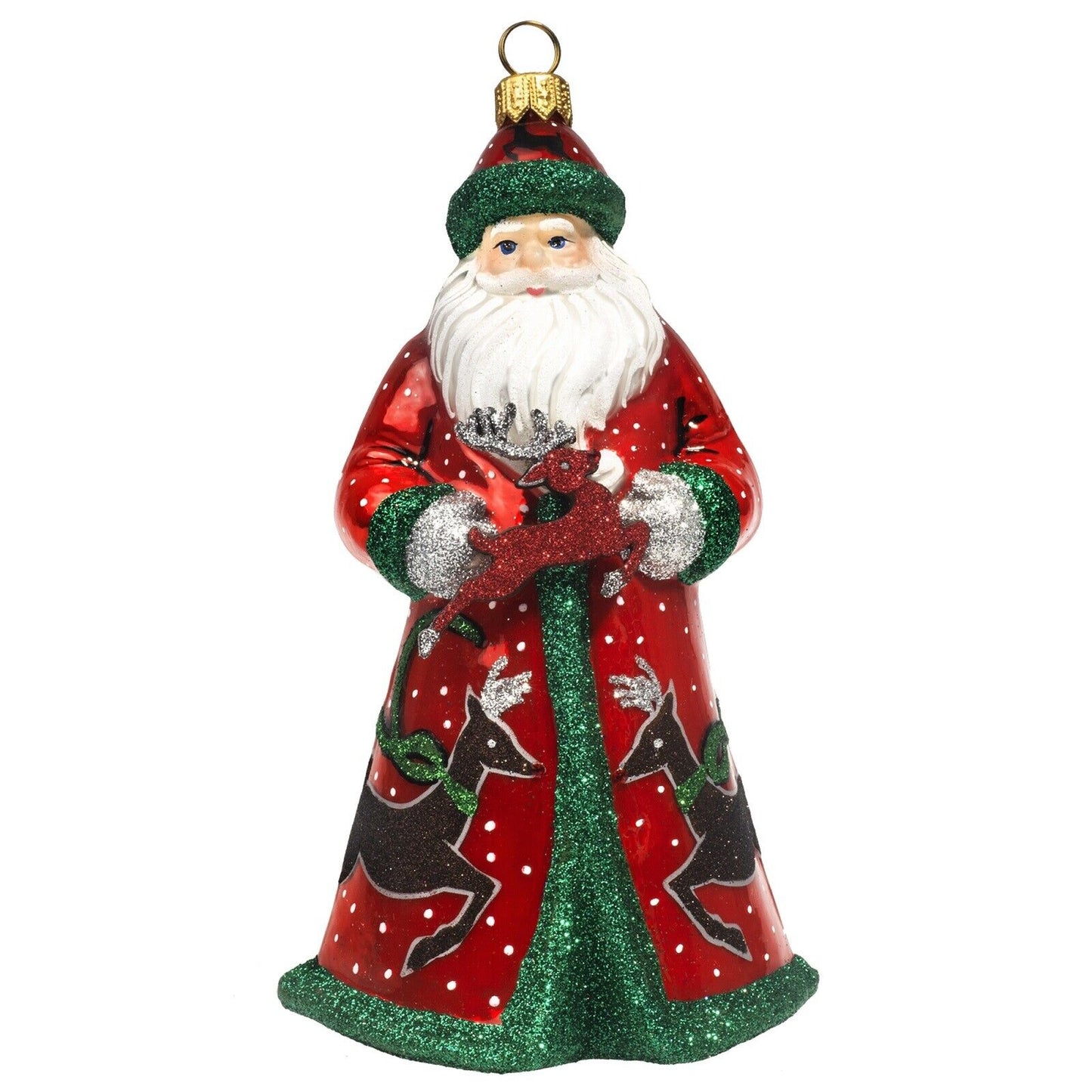 Joy to the World Glitterazzi Red Green and Silver Reindeer Santa Polish Glass Christmas Ornament