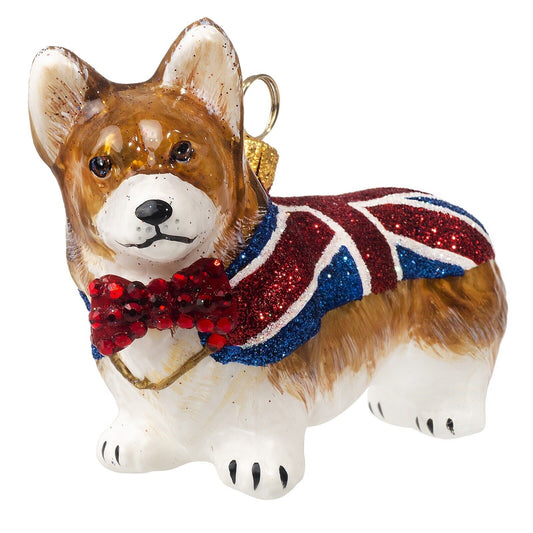 Joy to the World Pembroke Corgi with Union Jack Coat Polish Glass Christmas Ornament