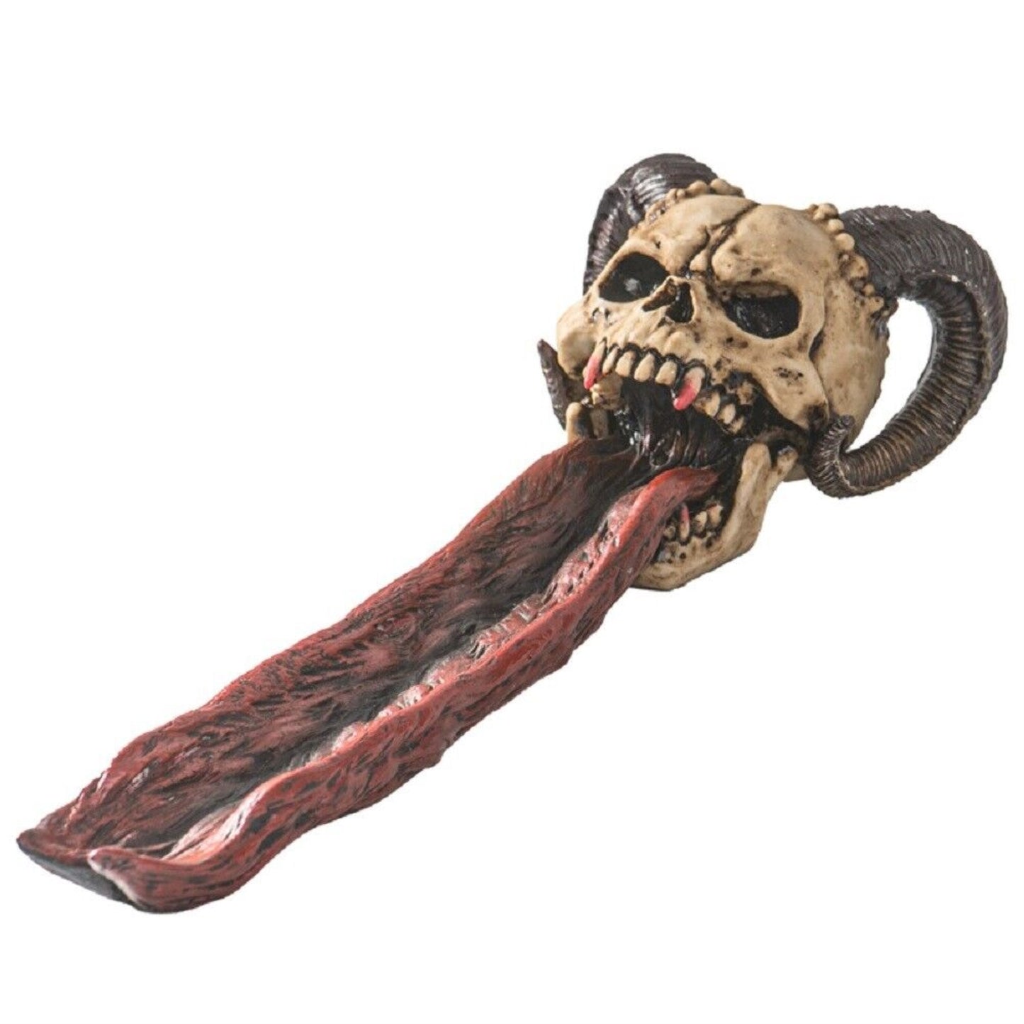 Demonic Ram Horned Skull Long Forked Tongue Stick Incense Burner Holder Gothic Halloween 10.5 inch