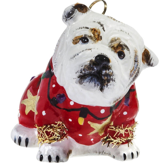 Joy to the World Bulldog in Ugly Christmas Sweater Dog Polish Glass Tree Ornament Pet Decoration