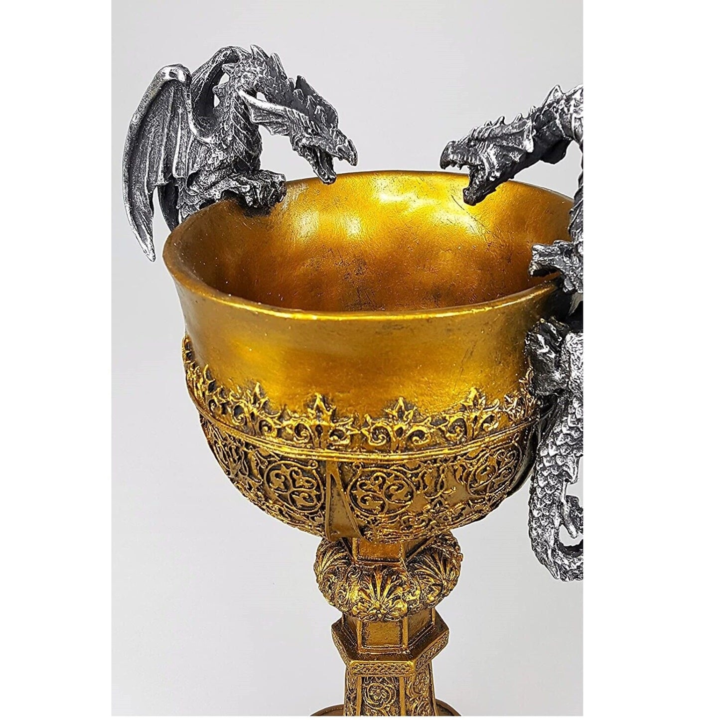 King Arthur's Fantasy Golden Chalice With Dual Dragon Wine Goblet Sculptural Decor