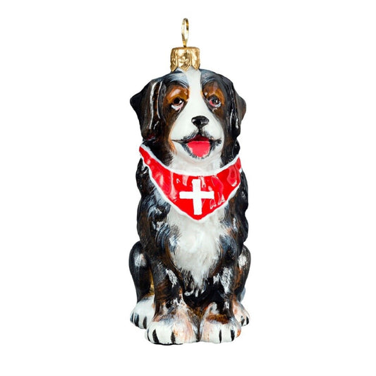 Joy to the World Bernese Mountain Dog with Swiss Cross Bandana Polish Glass Christmas Ornament