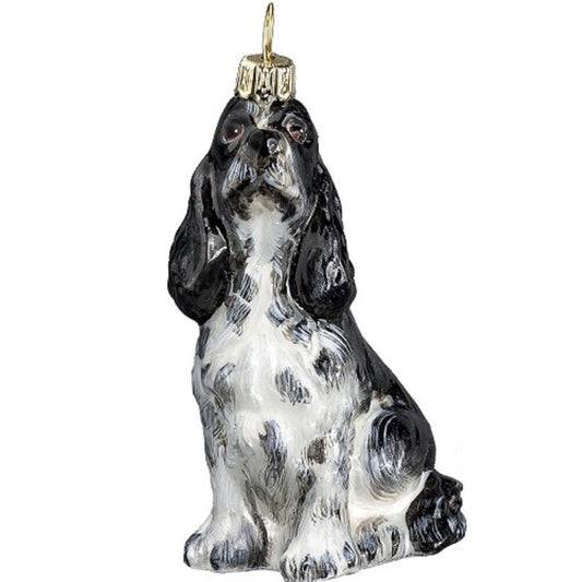 Joy to the World Black and White Springer Spaniel Dog Sitting Polish Glass Christmas Ornament