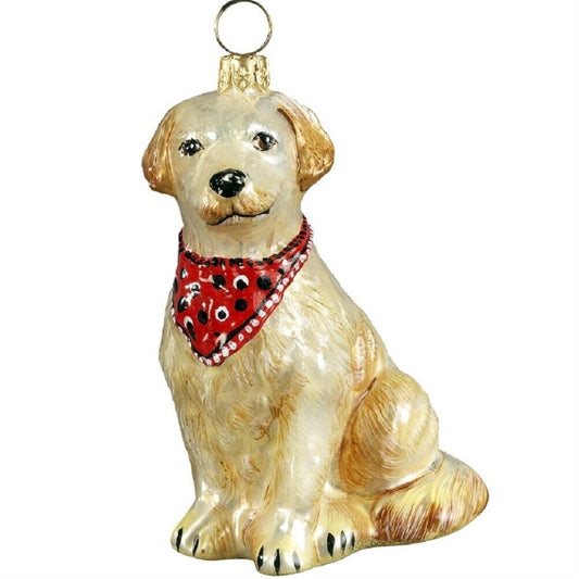 Joy to the World Golden Retriever with Bandana Dog Polish Blown Glass Christmas Ornament Poland