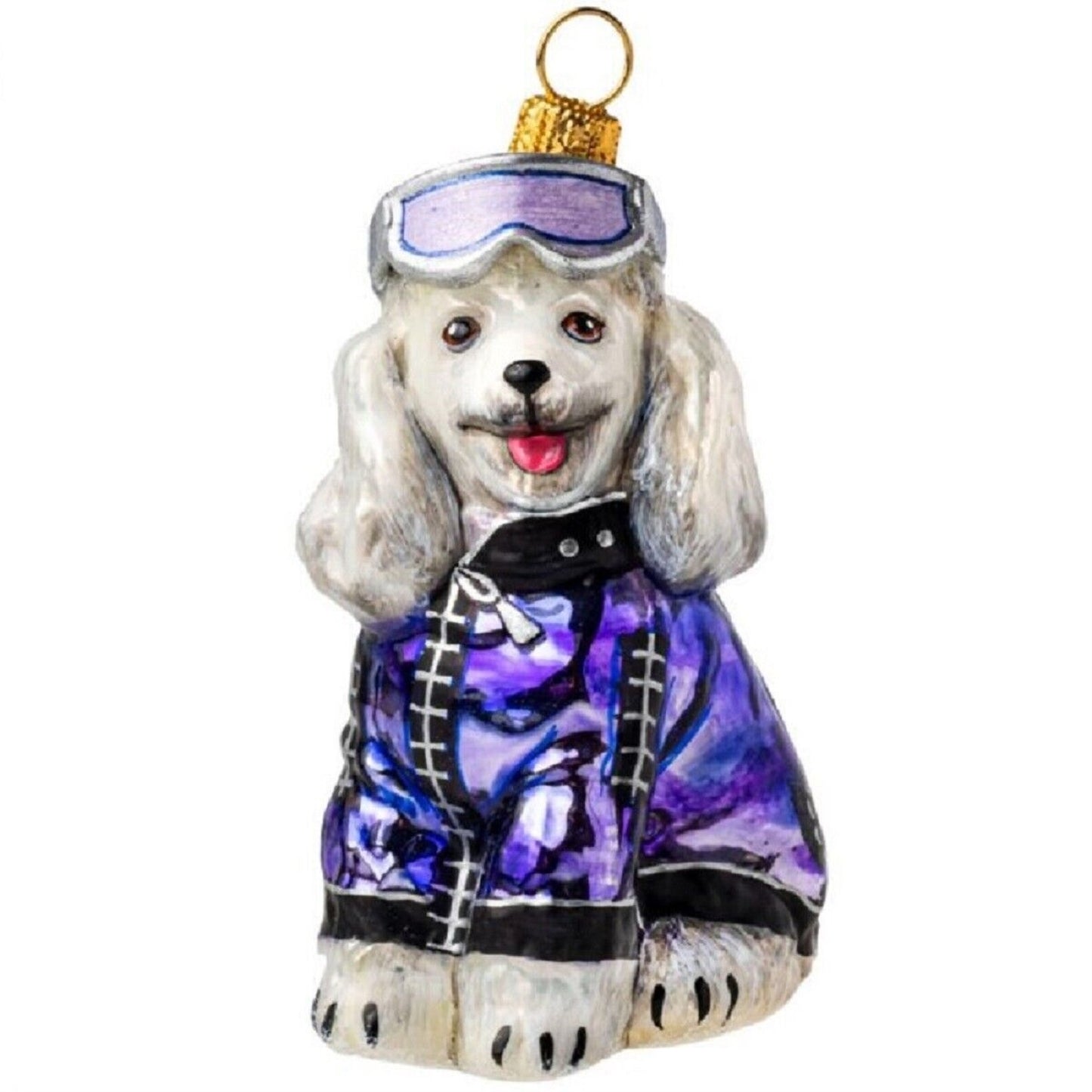 Joy to the World White Poodle in Metallic Ski Jacket Polish Glass Ornament