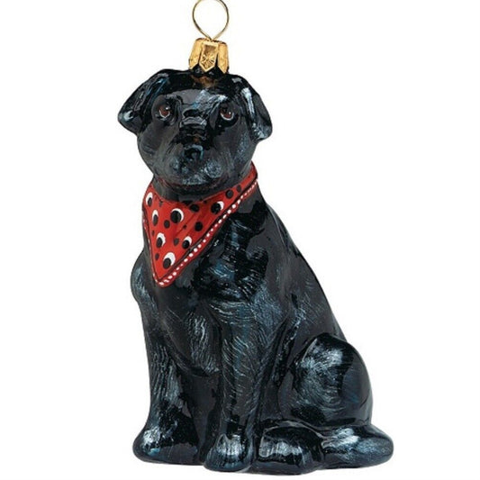 Joy to the World Labrador Retriever Black with Bandana Dog Polish Blown Glass Christmas Ornament