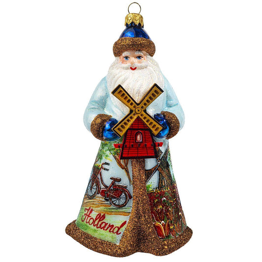Joy to the World Glitterazzi Holland Santa with Windmill Polish Glass Ornament