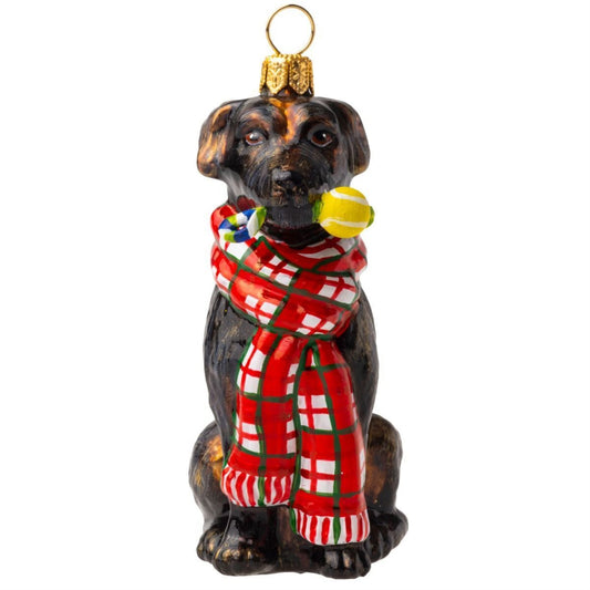 Joy to the World Chocolate Lab with Bushy Scarf Chew Toy Polish Glass Ornament