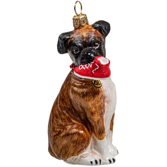 Joy to the World Boxer Flop Ear High Top Sneaker Polish Glass Christmas Ornament