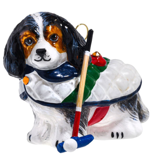 Joy to the World Tri Color Cavalier King Charles in Jacket Polo Mallet Ornament