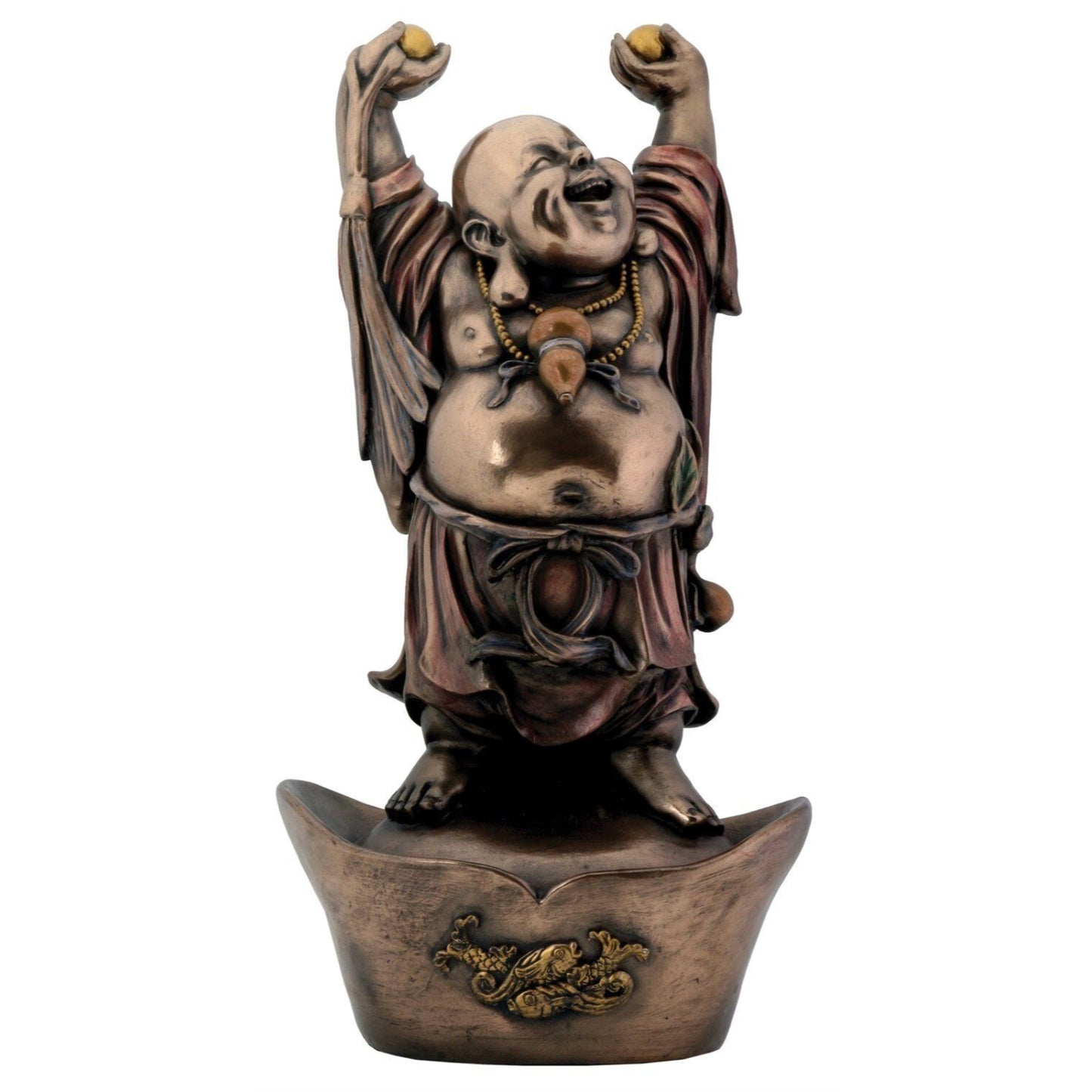 Chinese Zen Monk Happy Buddha Standing On Golden Nugget Statue Happiness Fortune 12.25 inch