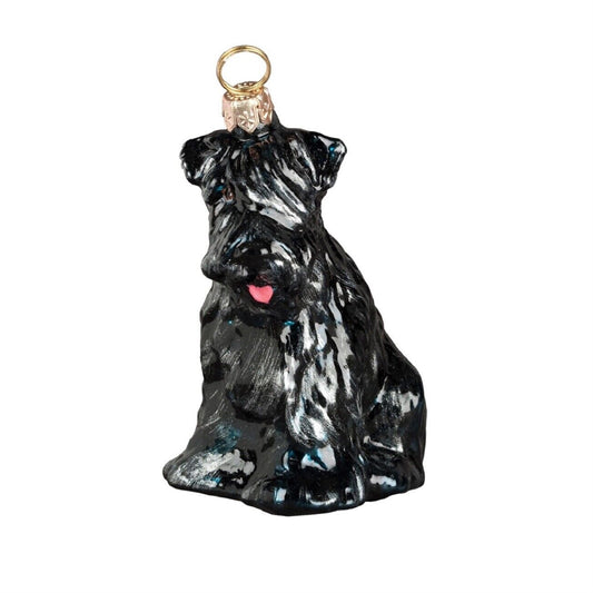 Joy to the World Black Russian Terrier Sitting Dog Polish Blown Glass Christmas Ornament