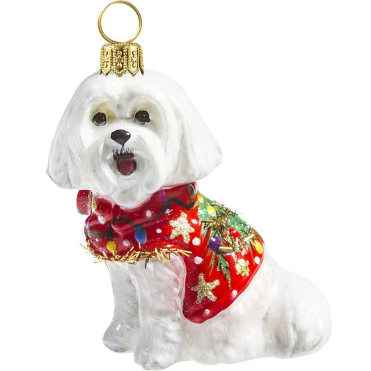 Joy to the World Maltese in Ugly Christmas Sweater Dog Polish Glass Tree Ornament Pet Decoration