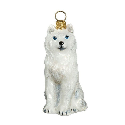 Joy to the World White Siberian Husky with Blue Eyes Dog Polish Blown Glass Christmas Ornament