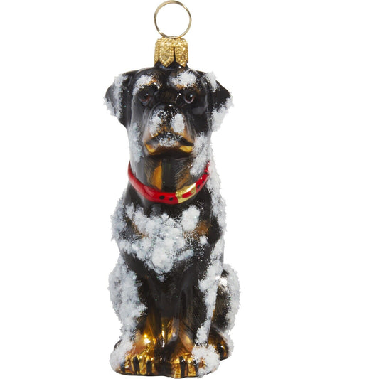 Joy to the World Snowy Rottweiler Polish Glass Christmas Dog Ornament