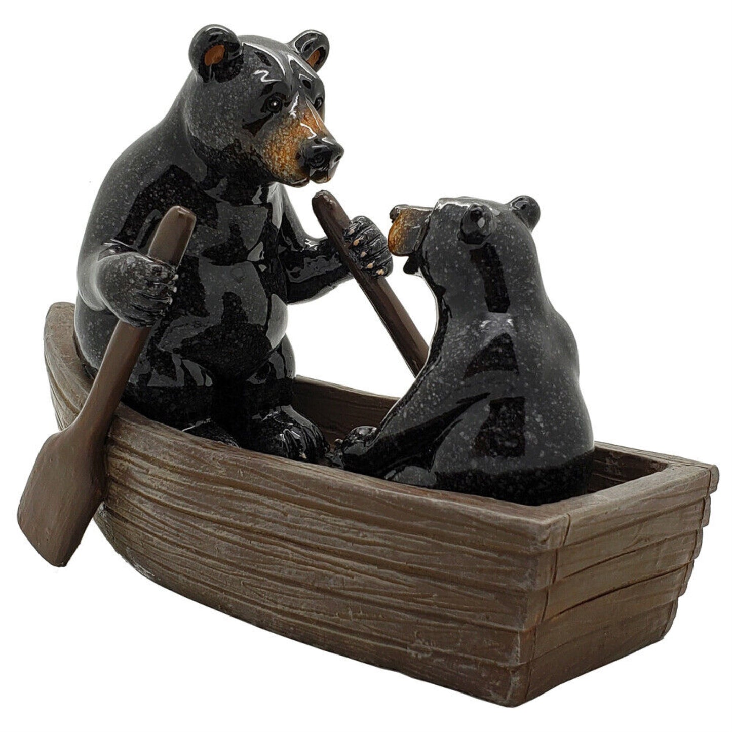Western Rustic Black Bears Father and Son Family Rowing Canoe Boat Figurine