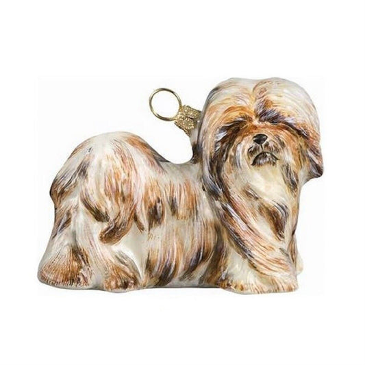 Joy to the World Brown Lhasa Apso Pet Dog Polish Mouth Blown Glass Christmas Ornament