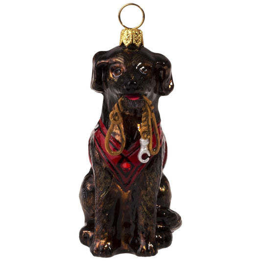 Joy to the World Chocolate Lab in Vest with Leash Polish Glass Christmas Ornament