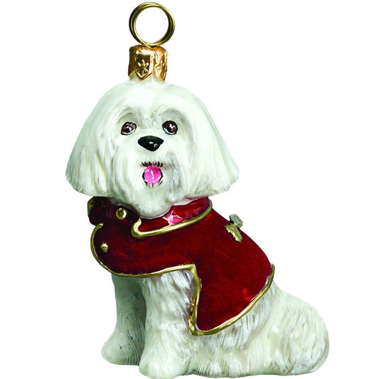 Joy to the World Maltese in Red Velvet Coat Polish Glass Christmas Ornament