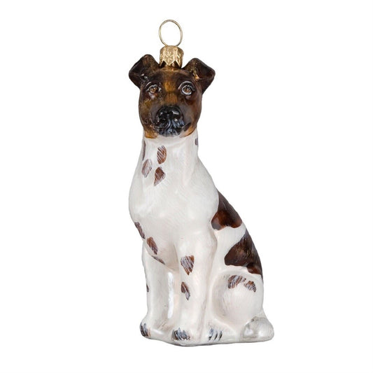 Joy to the World Smooth Fox Terrier Sitting Dog Polish Blown Glass Christmas Ornament