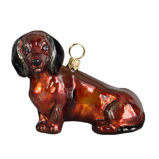 Joy to the World Red Dachshund Sitting Dog Polish Blown Glass Christmas Ornament