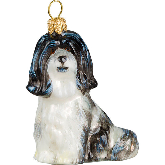 Joy to the World Havanese Black and White Sitting Dog Polish Glass Christmas Ornament Decoration