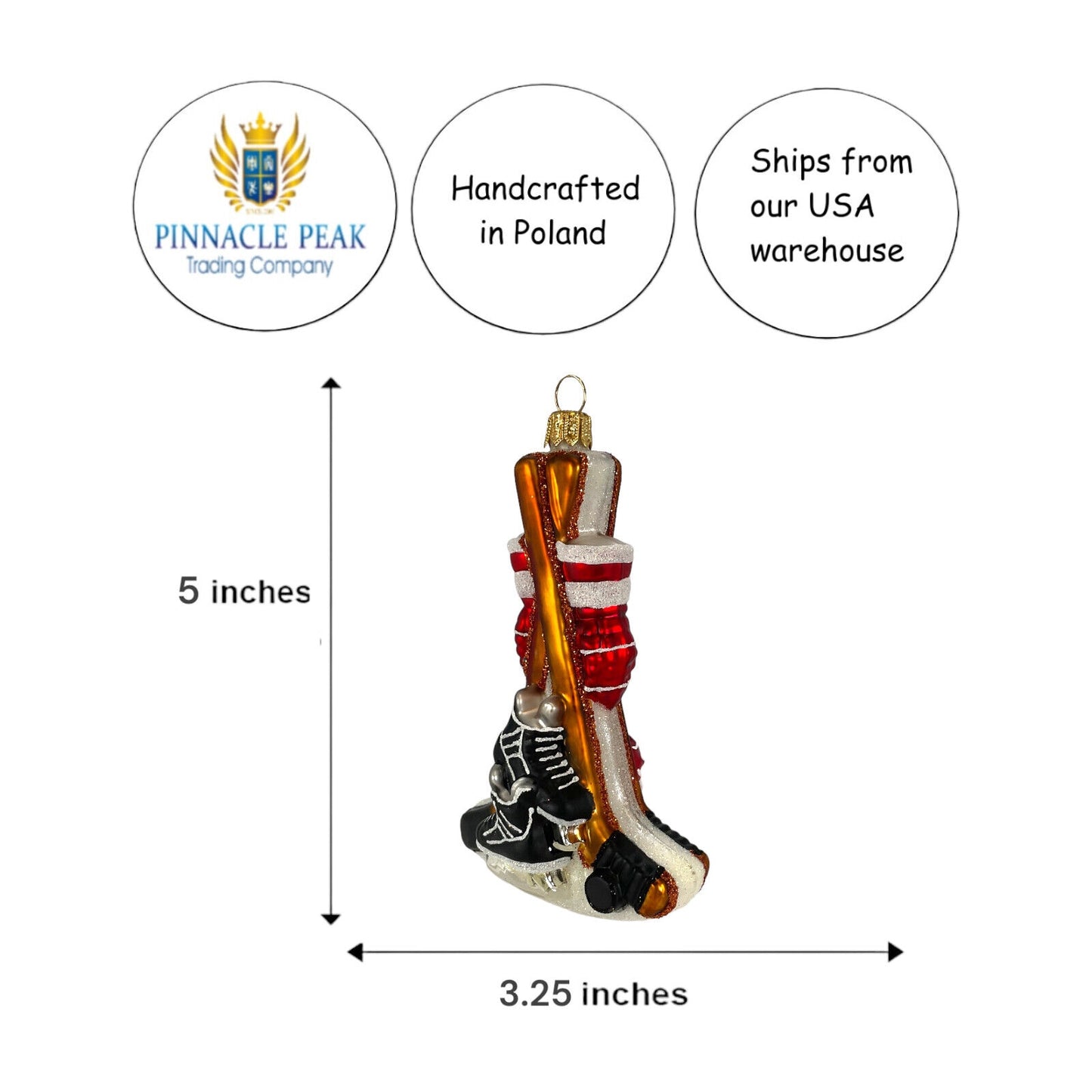 Pinnacle Peak Trading Red Hockey Sports Equipment Polish Blown Glass Hanging Christmas Tree Ornament 5 inch