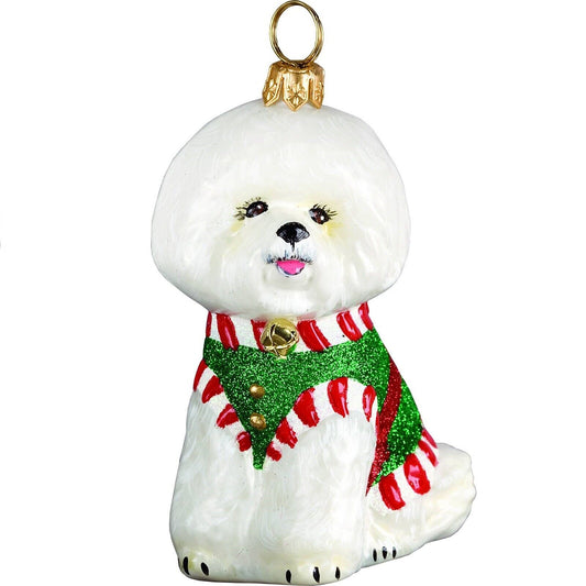 Joy to the World Bichon Frise Santas Little Yelper Polish Glass Christmas Ornament