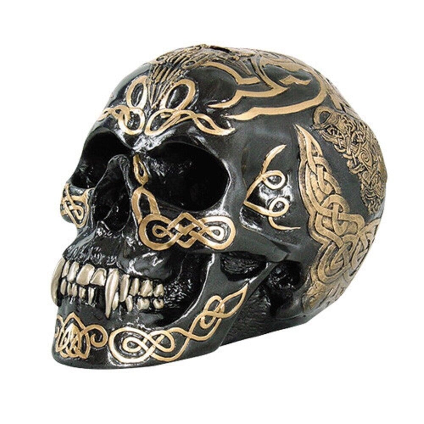 Black and Gold Color Celtic Pattern Human Skull Statue Figurine 7 inch