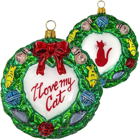 Joy to the World I Love My Cat Wreath Polish Glass Christmas Ornament