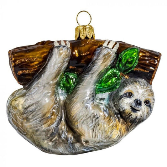 Joy to the World Wild Side Hanging Sloth Polish Glass Christmas Ornament